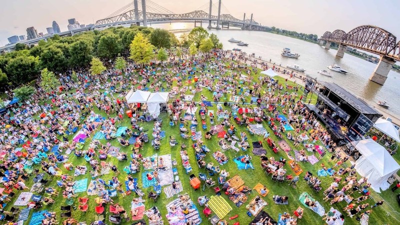 A bird's eye view of Waterfront Wednesday's large crowds at Louisville’s Waterfront Park along the Ohio River